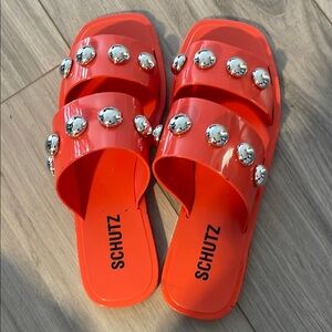 SCHUTZ Red and Silver Studded Slide Sandals